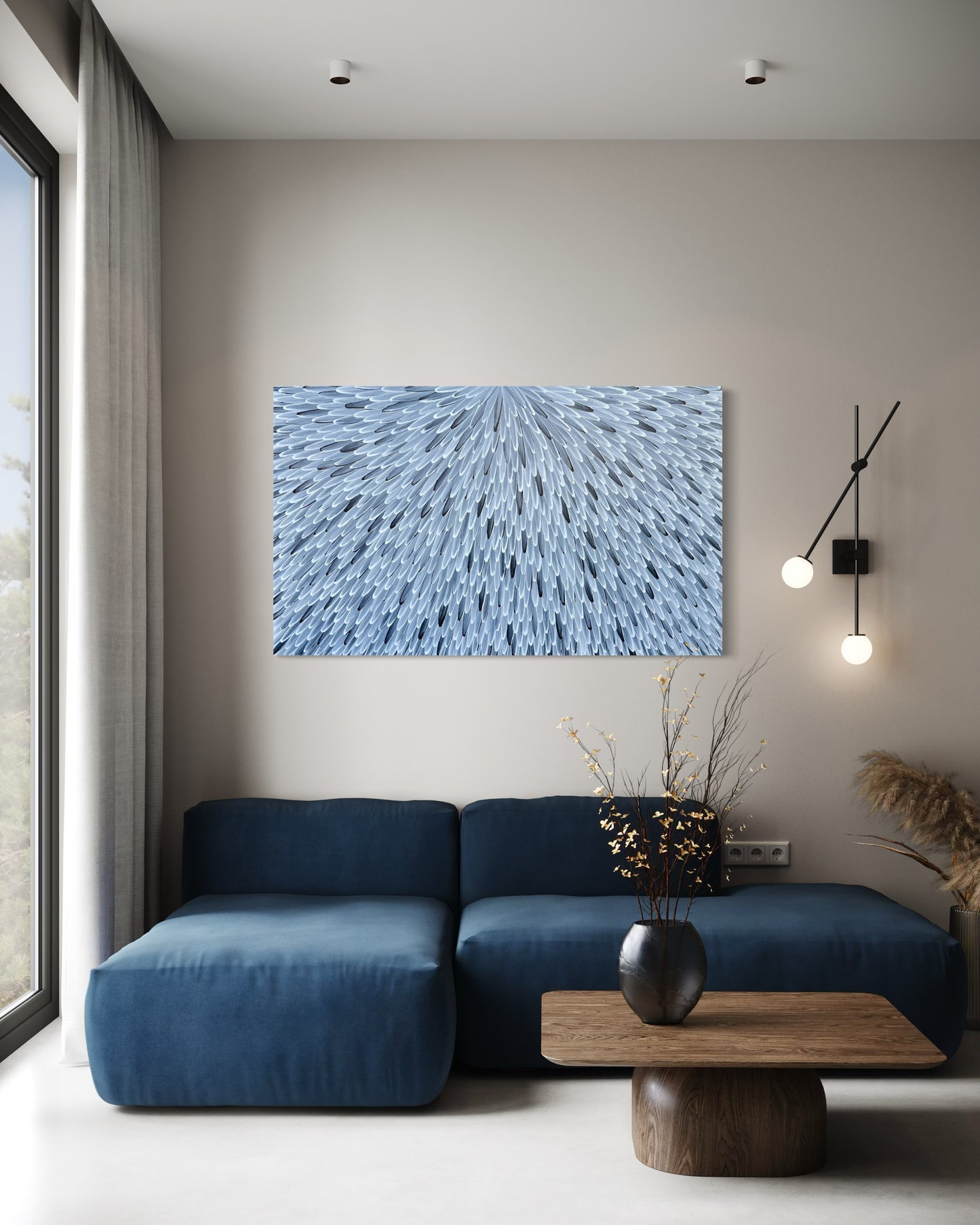 RAYMOND WALTERS PENANGKE - Emu Feathers 90x150cm (black/white)