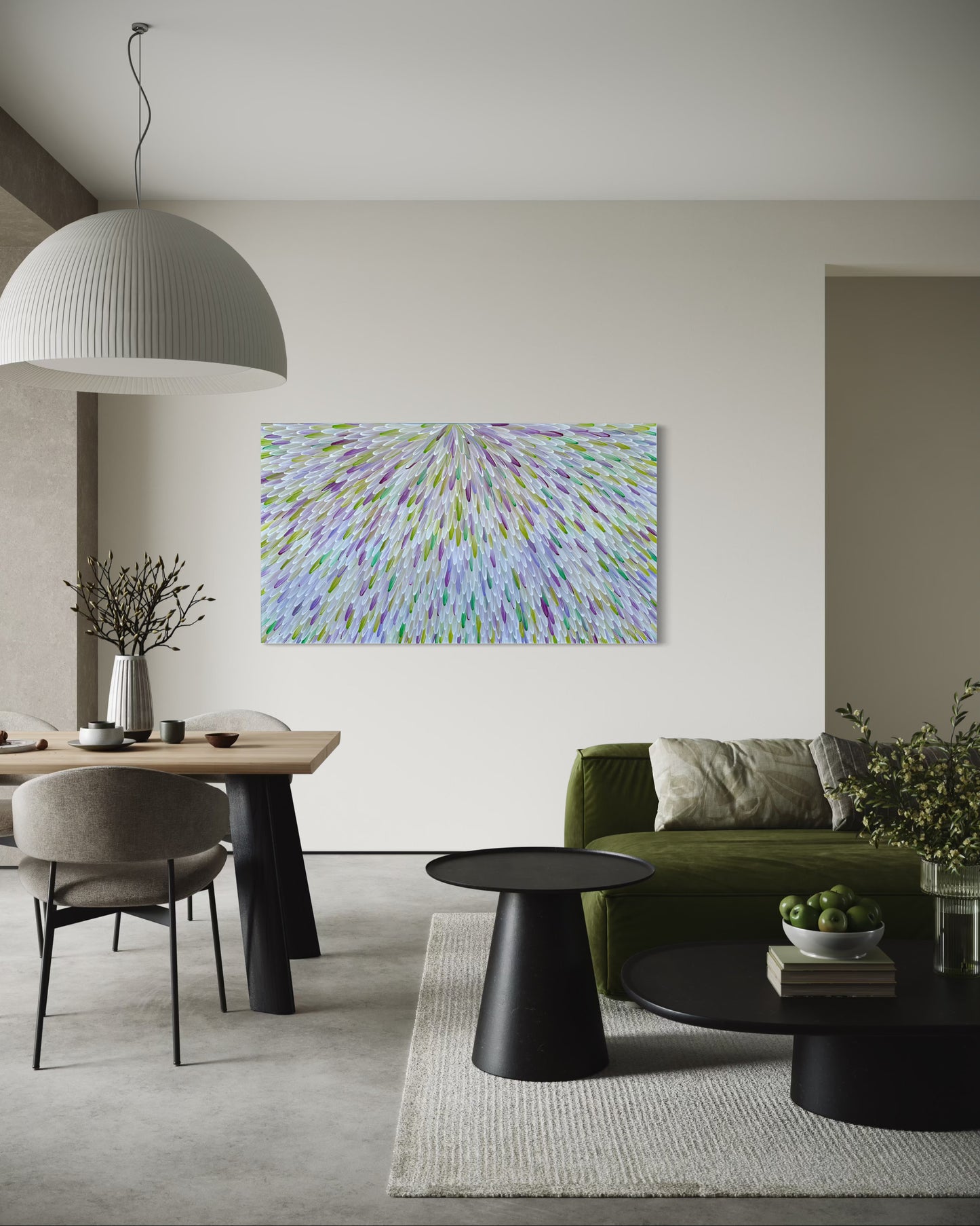 SOLD- RAYMOND WALTERS PENANGKE - Emu Feathers 100x180cm (green/mauve)