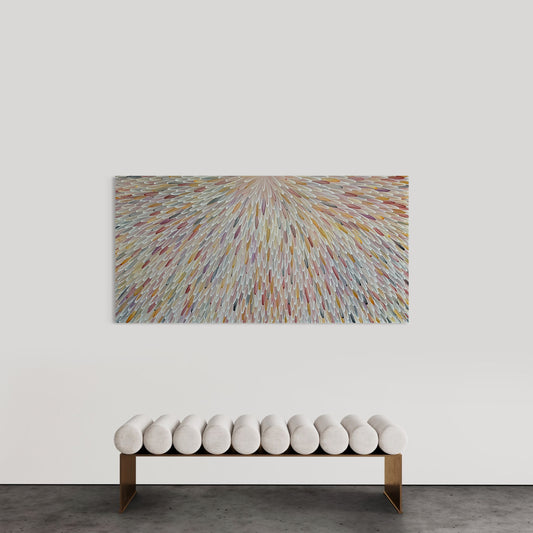 SOLD-RAYMOND WALTERS PENANGKE - Emu Feathers 93x180cm (brown,ochre and mauve)