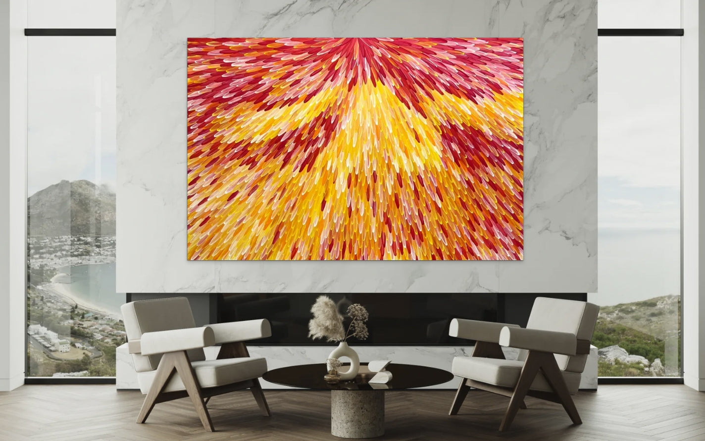 RAYMOND WALTERS PENANGKE - Emu Feathers (red/yellow) 125x185cm