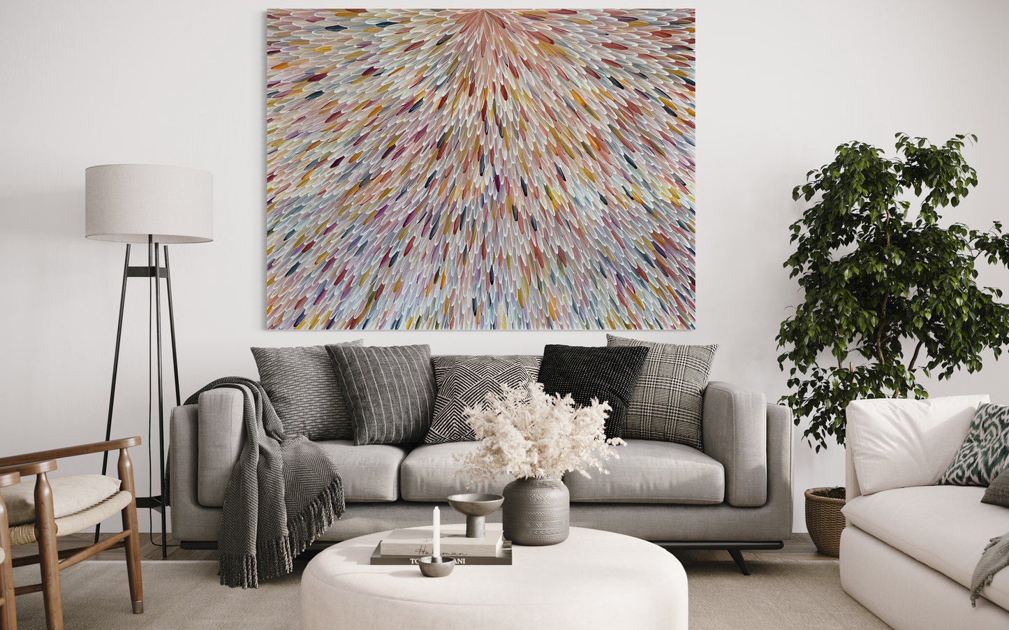 SOLD - RAYMOND WALTERS PENANGKE - Emu Feathers (brown,ochre and mauve) 150x200cm