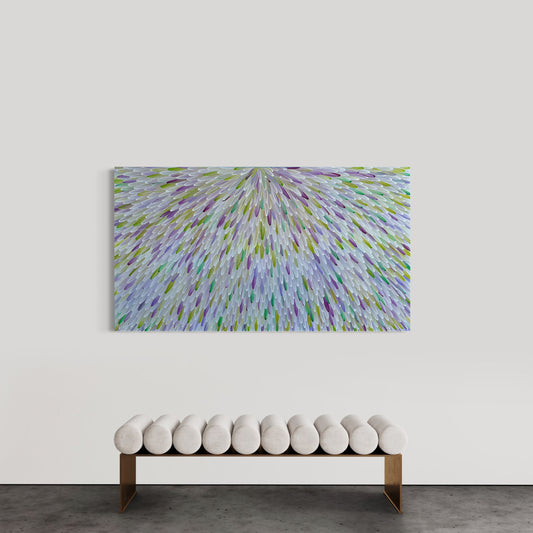 SOLD- RAYMOND WALTERS PENANGKE - Emu Feathers 100x180cm (green/mauve)