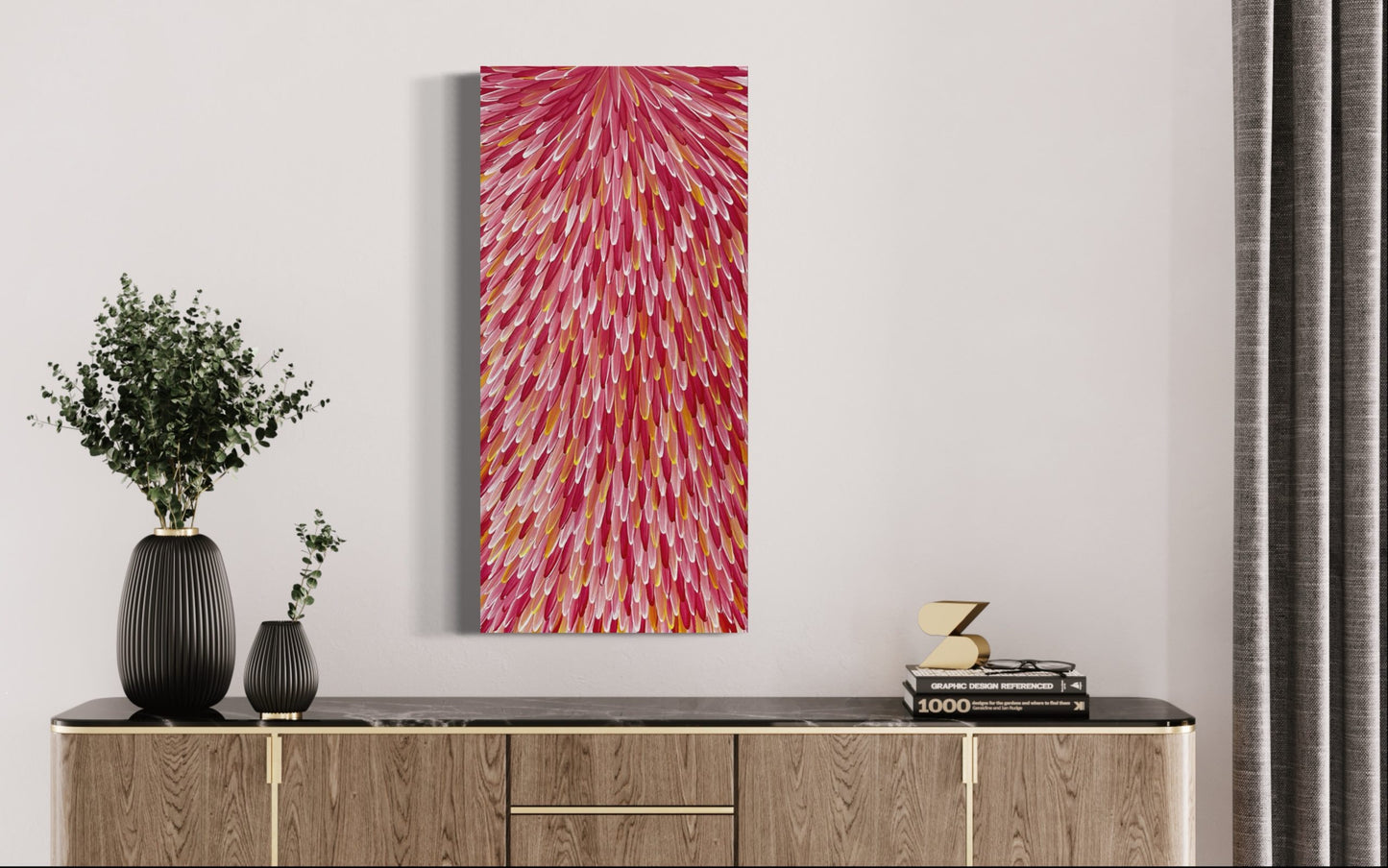 SOLD - RAYMOND WALTERS PENANGKE - Emu Feathers (magenta/orange 125x60cm)