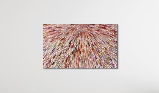 SOLD - RAYMOND WALTERS PENANGKE - Emu Feathers (brown,ochre and mauve 90x150cm)