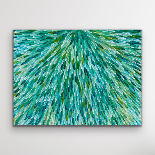 SOLD - RAYMOND WALTERS PENANGKE - Emu Feathers 90x120 (green)
