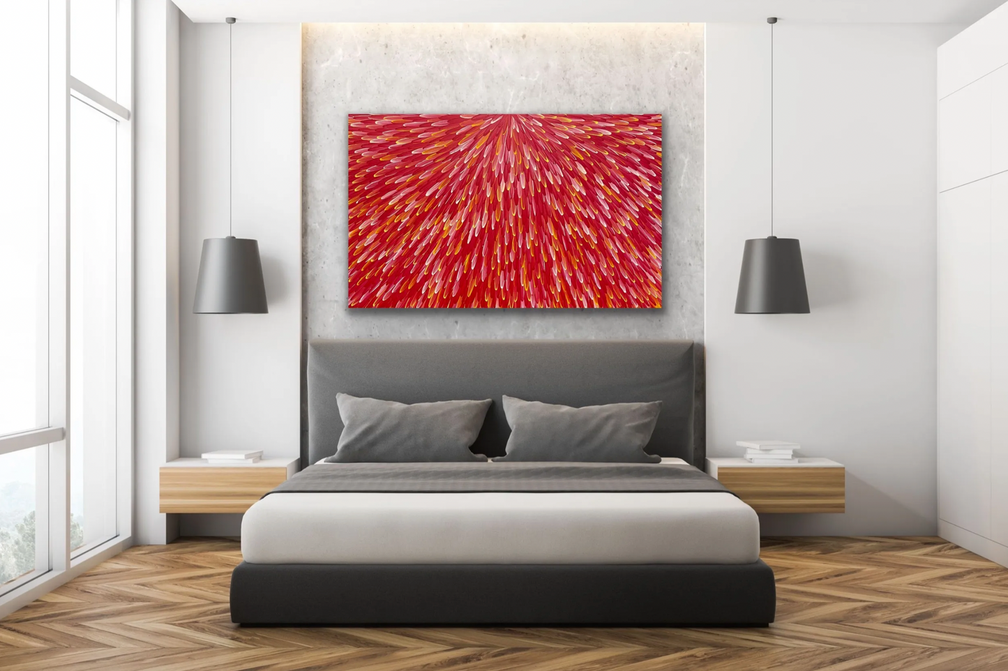 RAYMOND WALTERS PENANGKE - Emu Feathers 90x150cm (crimson/yellow)