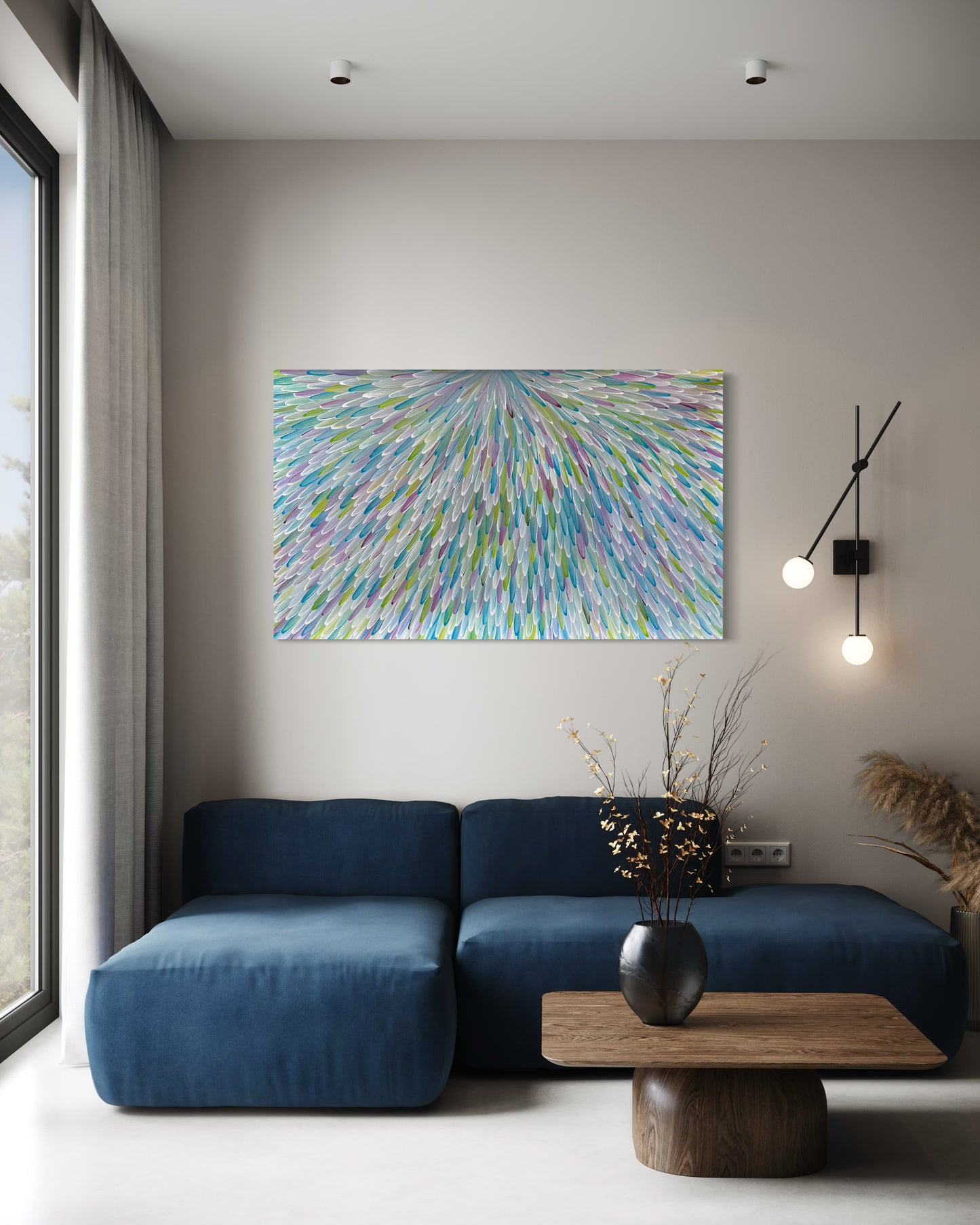 RAYMOND WALTERS PENANGKE -Emu Feathers 90x150cm(Aqua/Green/Mauve)