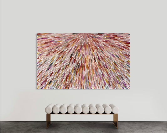 SOLD - RAYMOND WALTERS PENANGKE - Emu Feathers (brown,ochre and mauve 90x150cm)