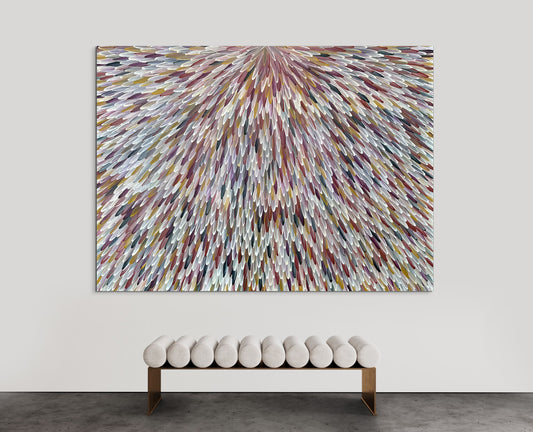 SOLD -RAYMOND WALTERS PENANGKE - Emu Feathers (brown,ochre and mauve 150x200cm)