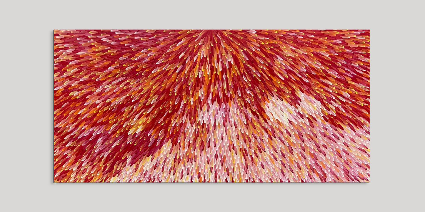 SOLD - RAYMOND WALTERS PENANGKE - Emu Feathers Red/White 150 x 300cm